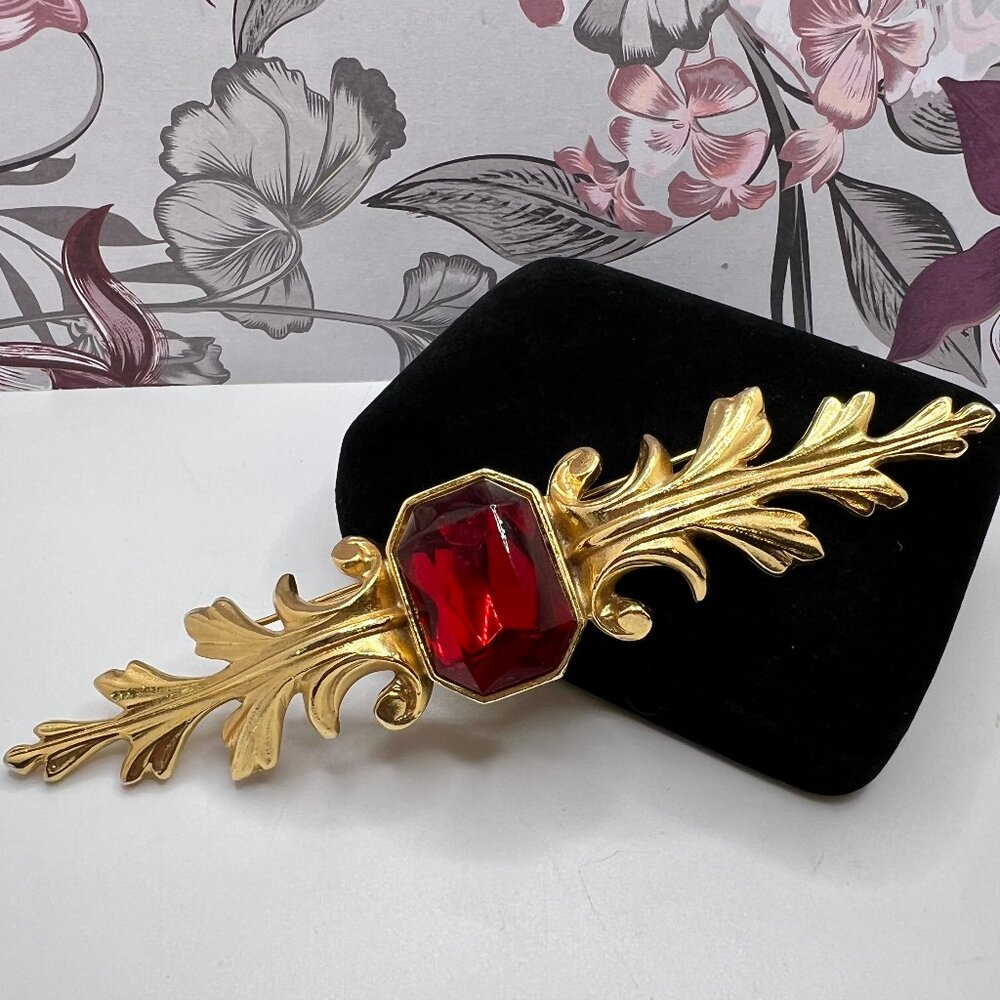 Ruby Red Acanthus Leaves Large Bar Brooch